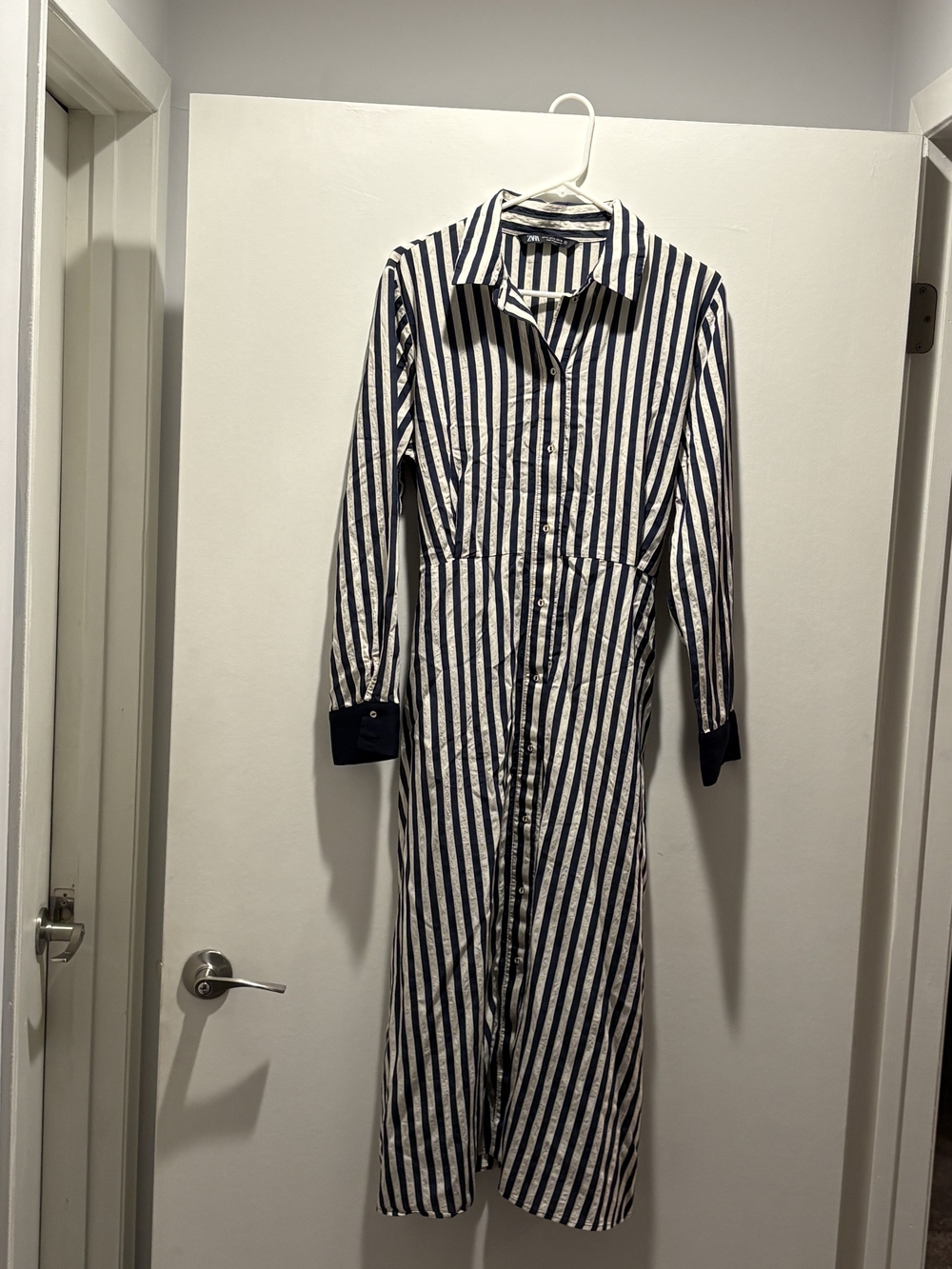 Zara Navy and White Long-Sleeve Striped Shirt Dress